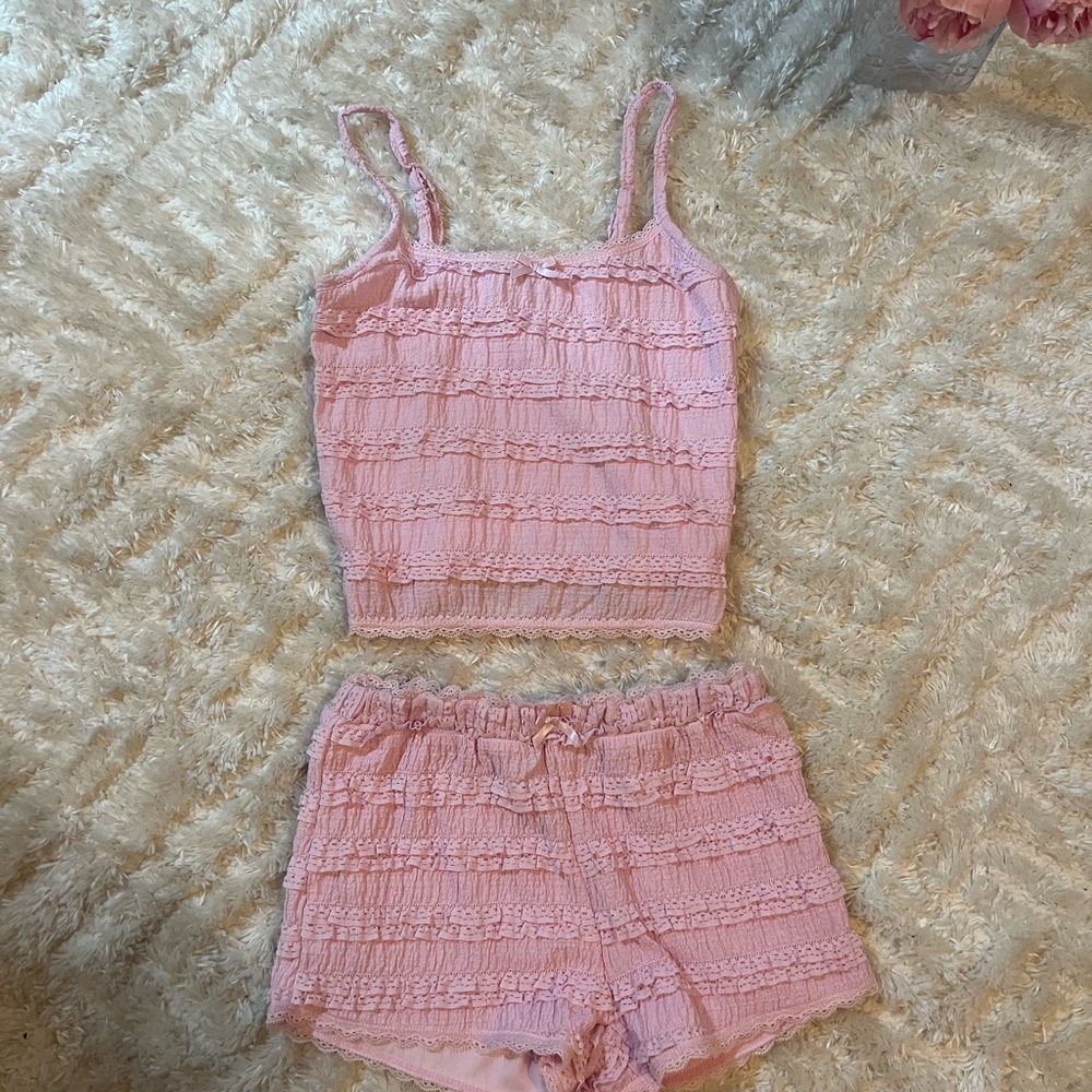 Pink Tank and Shorts Lace Set